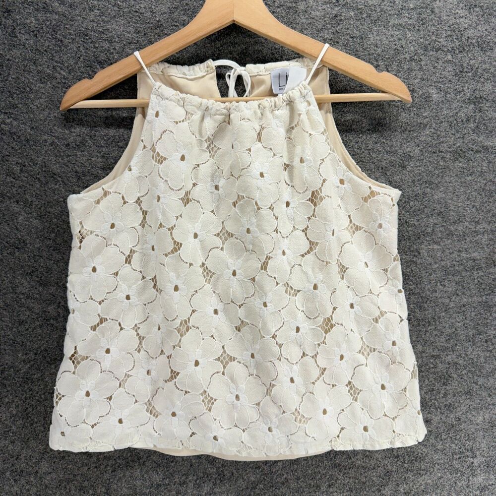 Liv Los Angeles Blouse Women M Medium Beige Floral Lined Crochet Sleeveless